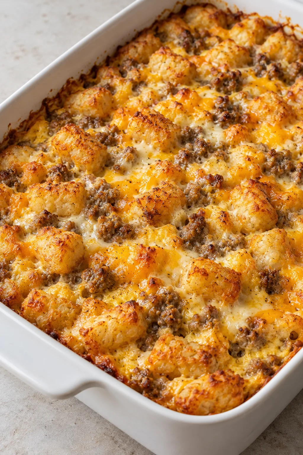 Golden tater tots, melted cheese, and sausage on the baked breakfast casserole