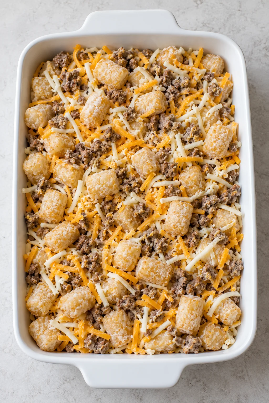 Tater tots, cooked sausage, and shredded cheeses spread in the baking dish before the eggs