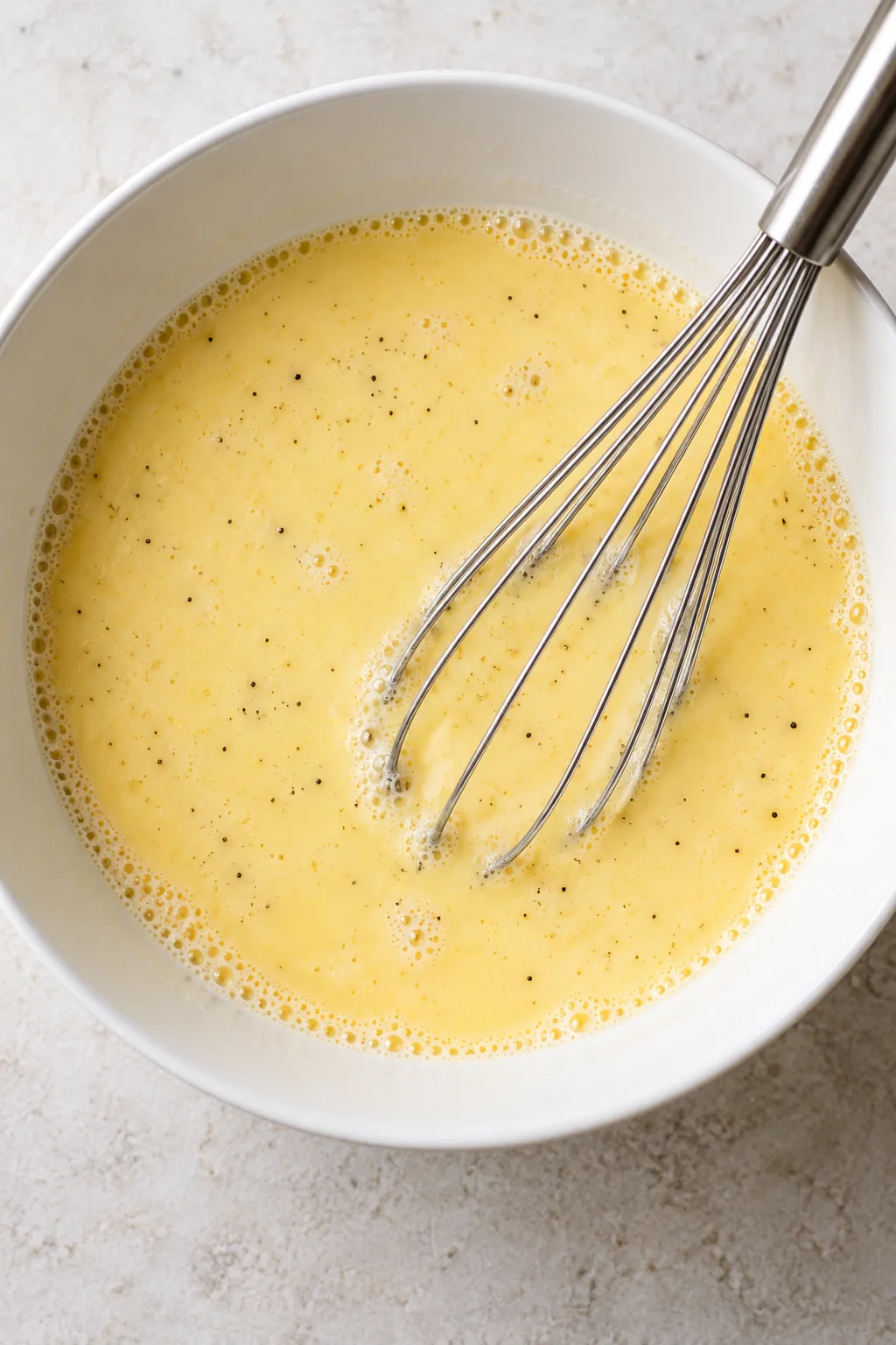 Whisked eggs and milk with garlic powder, onion powder, salt, and black pepper