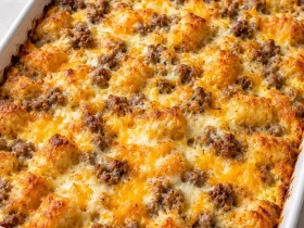 Whole baked tater tot breakfast casserole with sausage and cheese in a baking dish