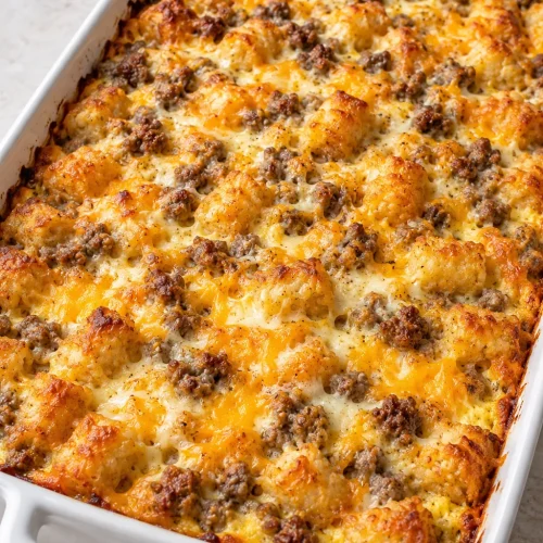 Whole baked tater tot breakfast casserole with sausage and cheese in a baking dish