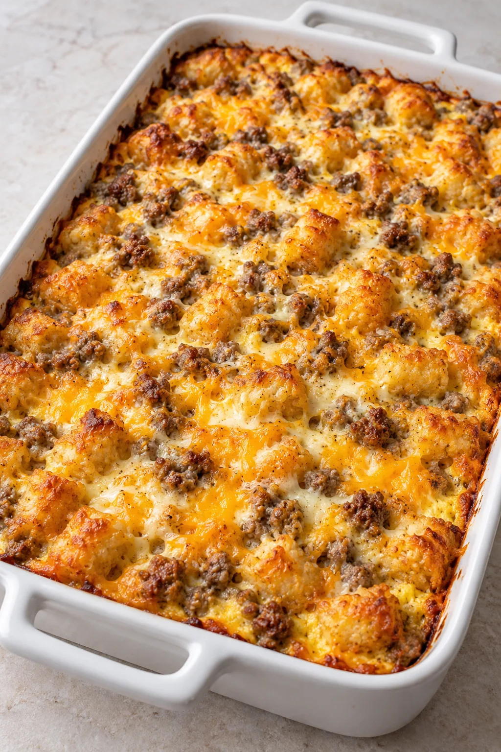 Whole baked tater tot breakfast casserole with sausage and cheese in a baking dish