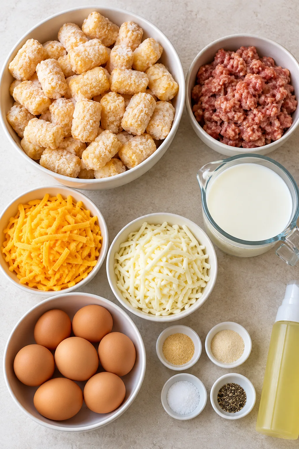 Tater tots, sausage, eggs, milk, shredded cheeses, and seasonings for breakfast casserole