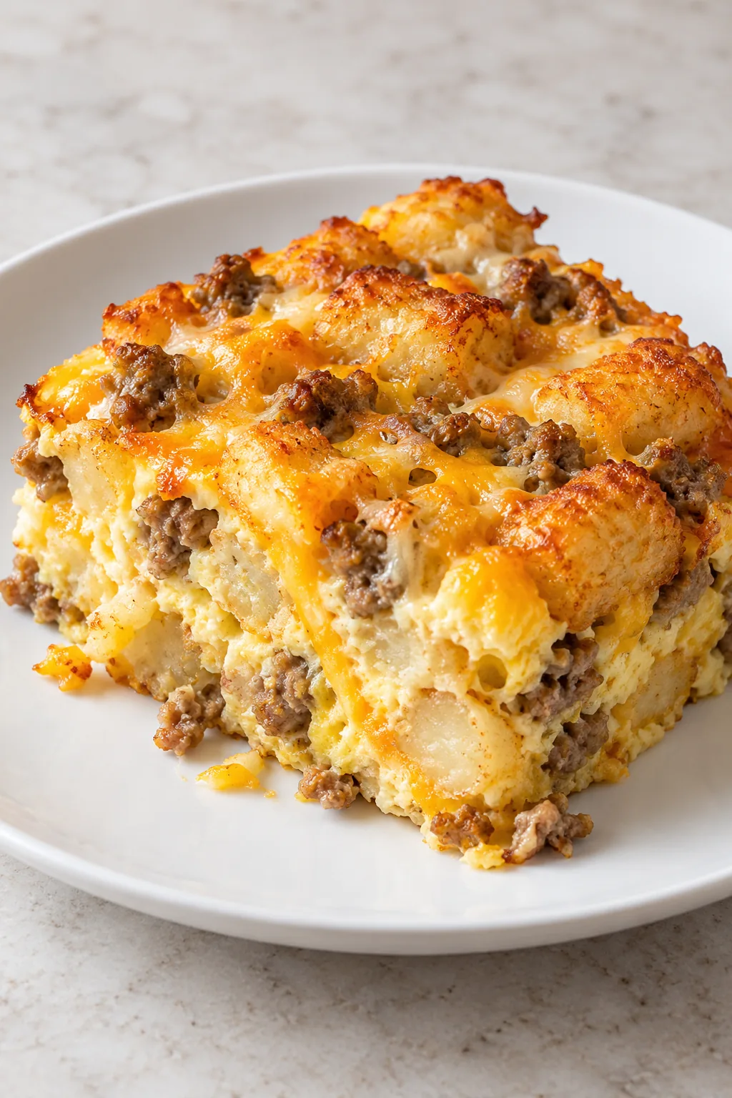 A plated square of breakfast casserole showing tater tots, sausage, eggs, and cheese