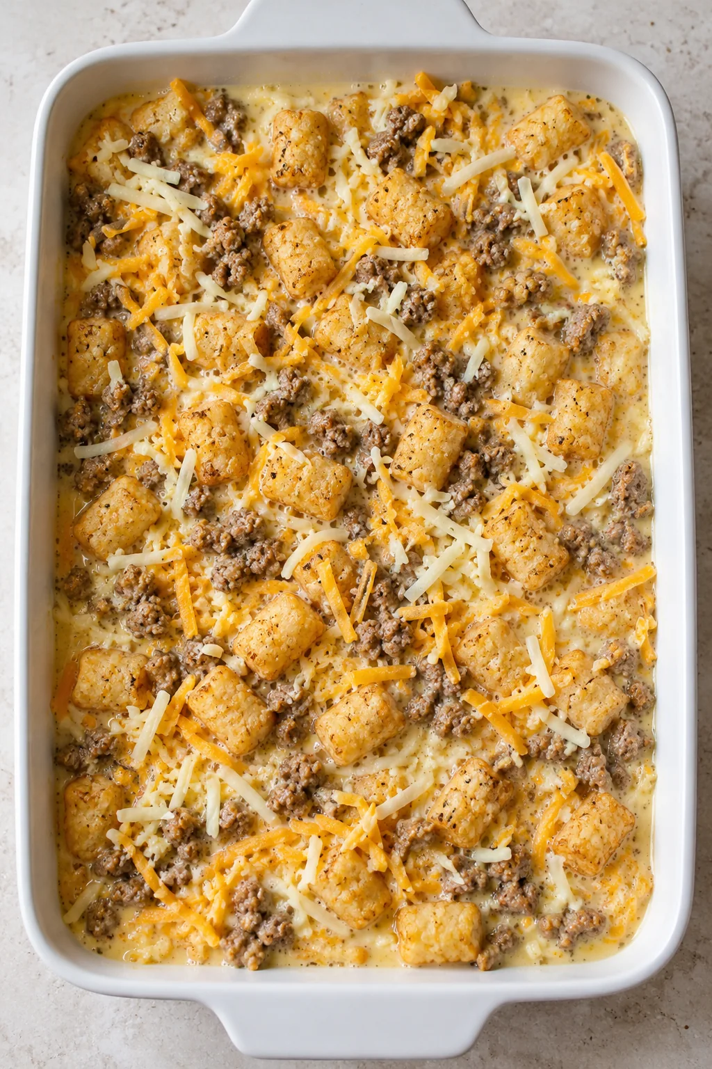 Unbaked tater tot breakfast casserole after adding the egg and milk mixture