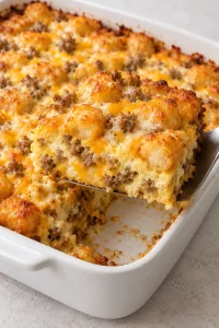 A square portion of tater tot breakfast casserole lifted with a serving spatula