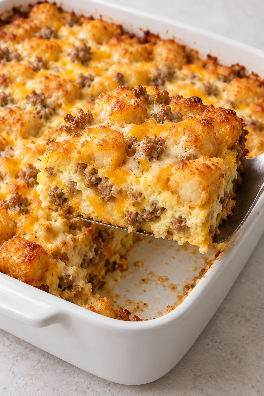 A square portion of tater tot breakfast casserole lifted with a serving spatula