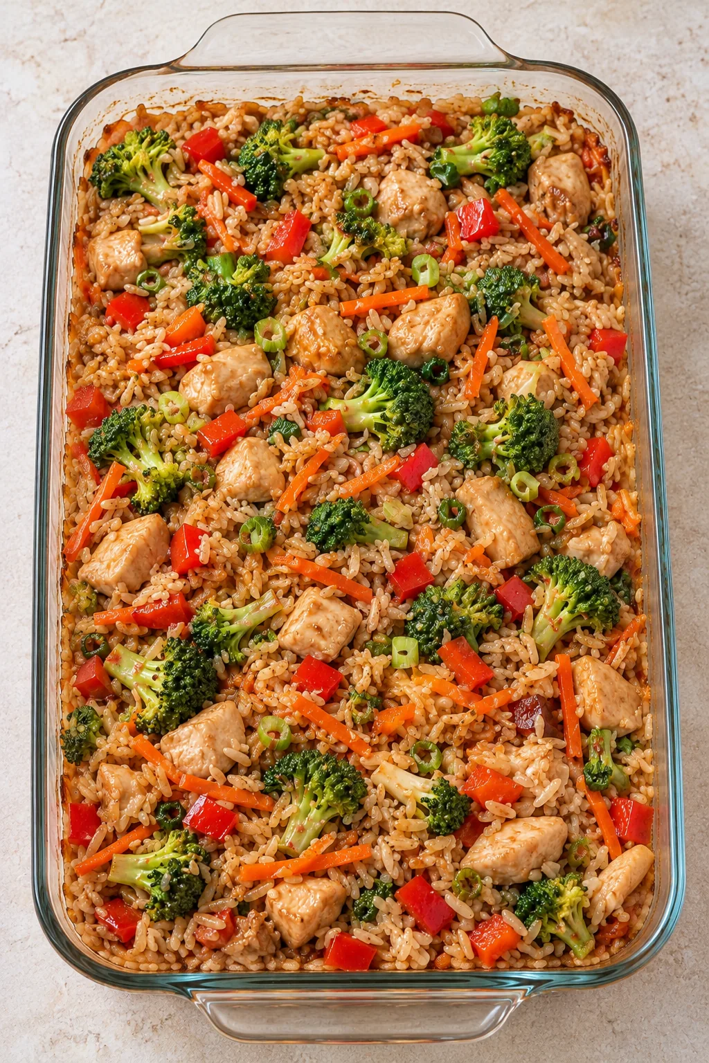 Overhead view of baked teriyaki chicken casserole with sauce-coated rice and mixed vegetables
