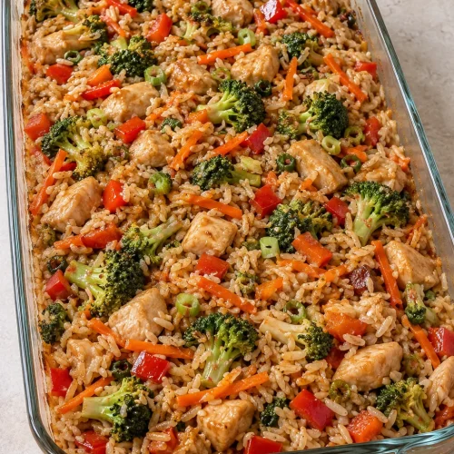 Teriyaki chicken casserole with rice, broccoli, carrots and red pepper in a glass baking dish