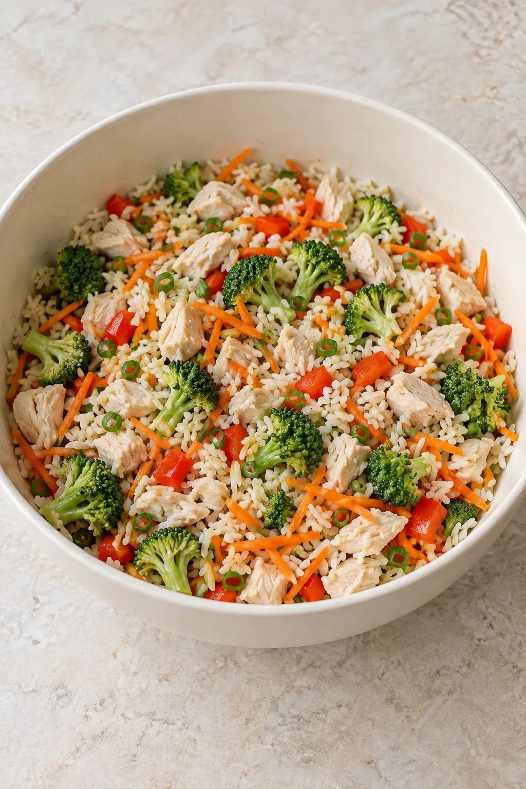 Cooked white rice and diced chicken mixed with broccoli, red pepper and shredded carrots before adding sauce