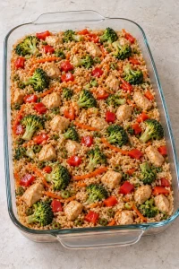 Unbaked teriyaki chicken and rice casserole spread in a glass baking dish with broccoli, carrots and red pepper