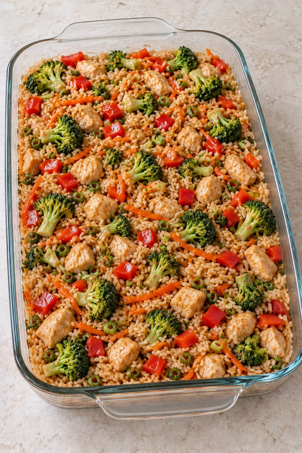 Unbaked teriyaki chicken and rice casserole spread in a glass baking dish with broccoli, carrots and red pepper