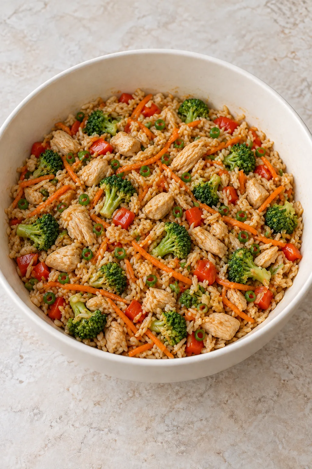 Teriyaki sauce folded through cooked rice, chicken, broccoli, red pepper and carrots in a mixing bowl