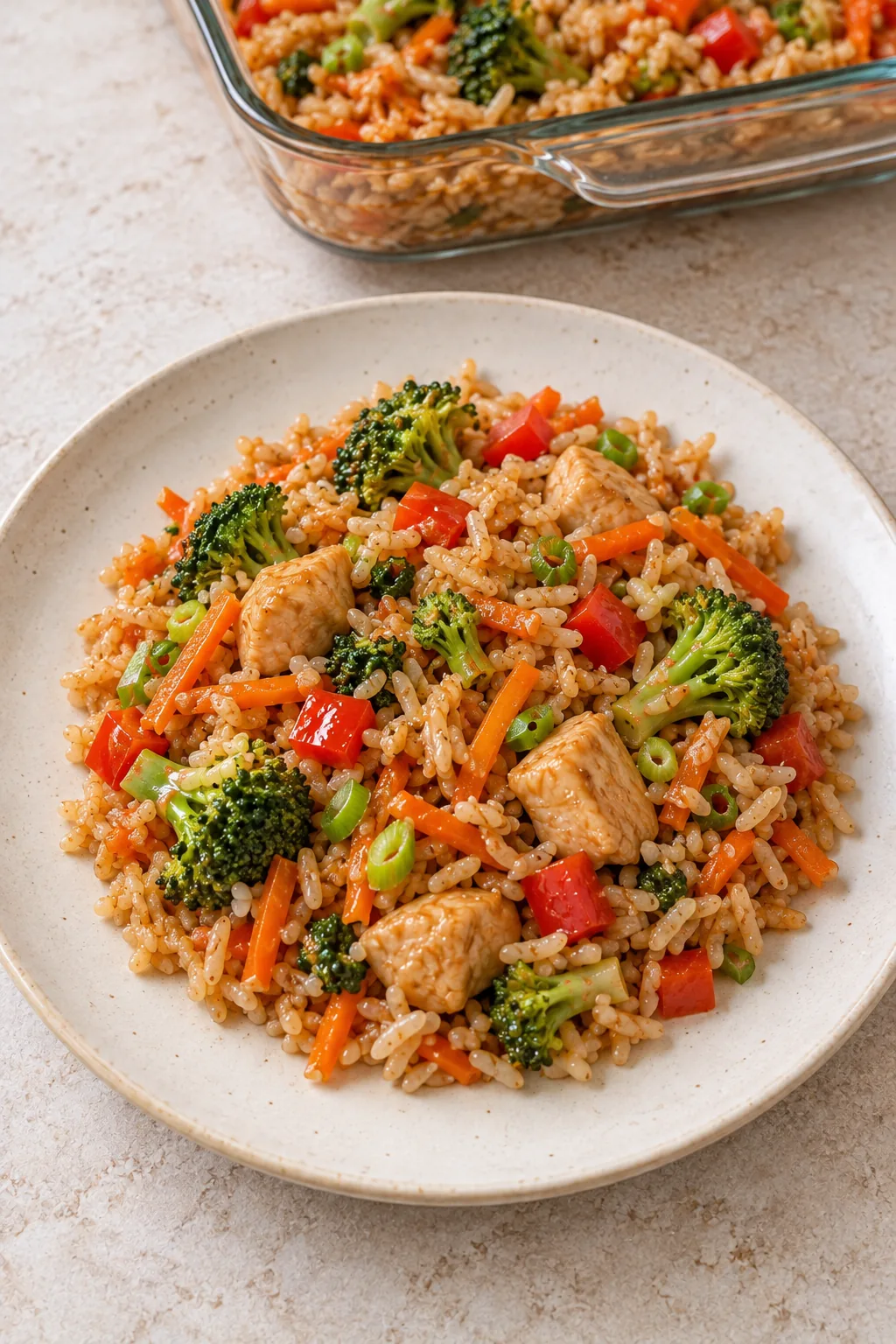 Serving of teriyaki chicken casserole with rice, broccoli, carrots and red pepper on a plain plate