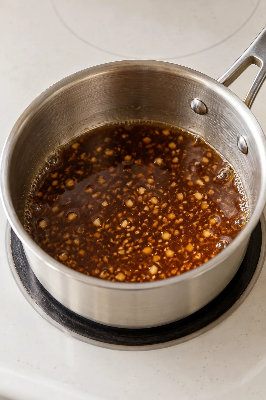 Thin homemade teriyaki sauce with garlic and ginger in a small saucepan before thickening
