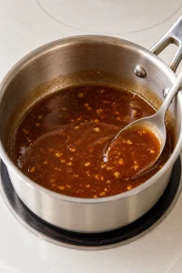 Thickened teriyaki sauce coating a spoon in a small stainless-steel saucepan