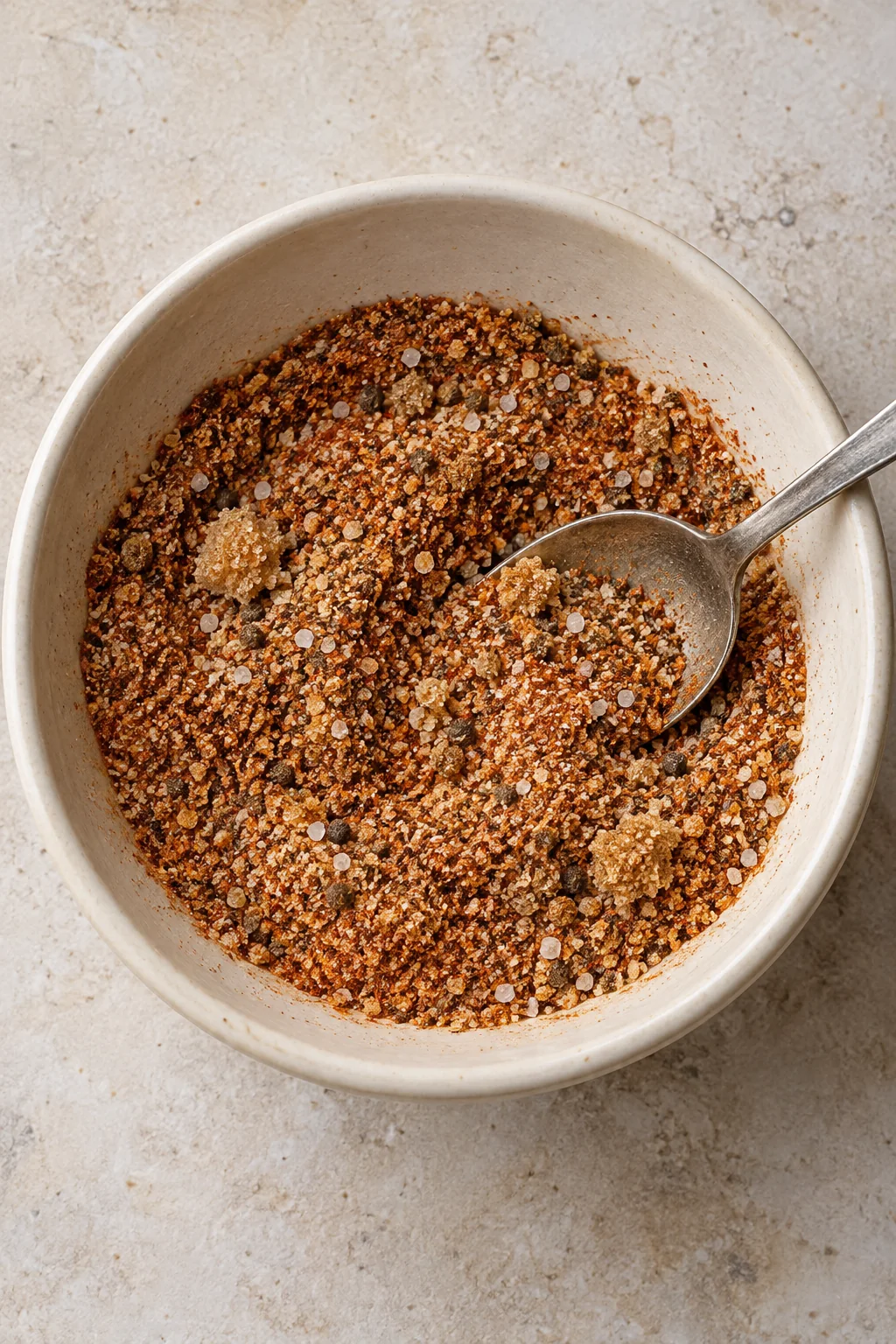 Partly mixed steak seasoning with small brown sugar clumps in the bowl.