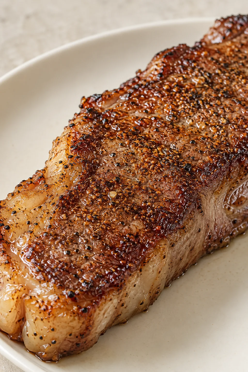 Close view of the browned steak crust and toasted seasoning flecks.