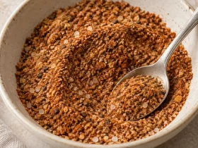 Homemade steak seasoning with visible salt and black pepper flecks.