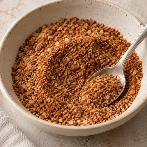 Homemade steak seasoning with visible salt and black pepper flecks.