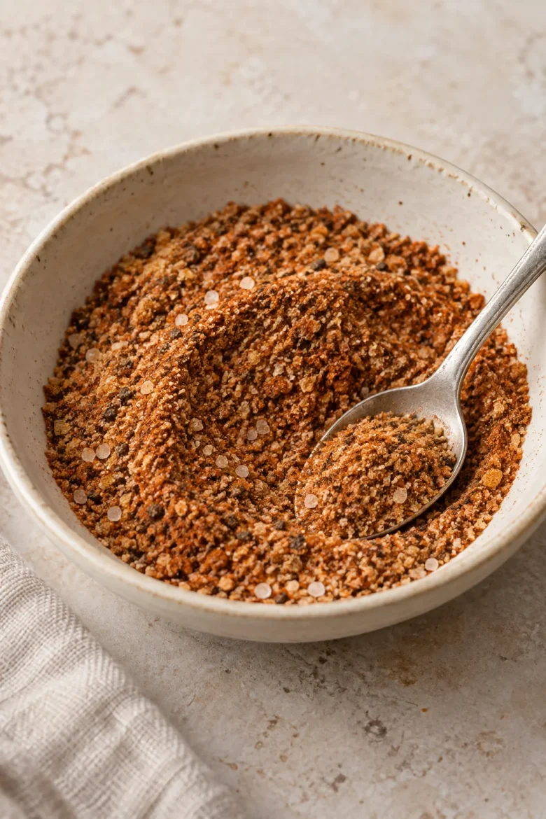 Homemade steak seasoning with visible salt and black pepper flecks.