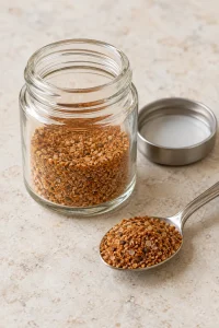 A small glass jar holding the finished homemade steak seasoning.