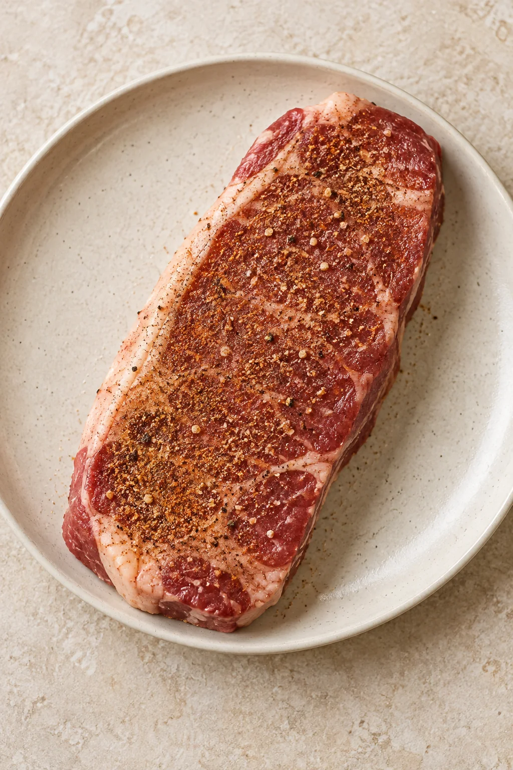 An uncooked strip steak lightly coated with the seasoning blend.