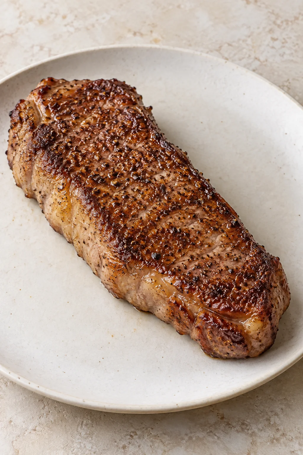 A whole cooked strip steak with a golden-brown seasoned crust.