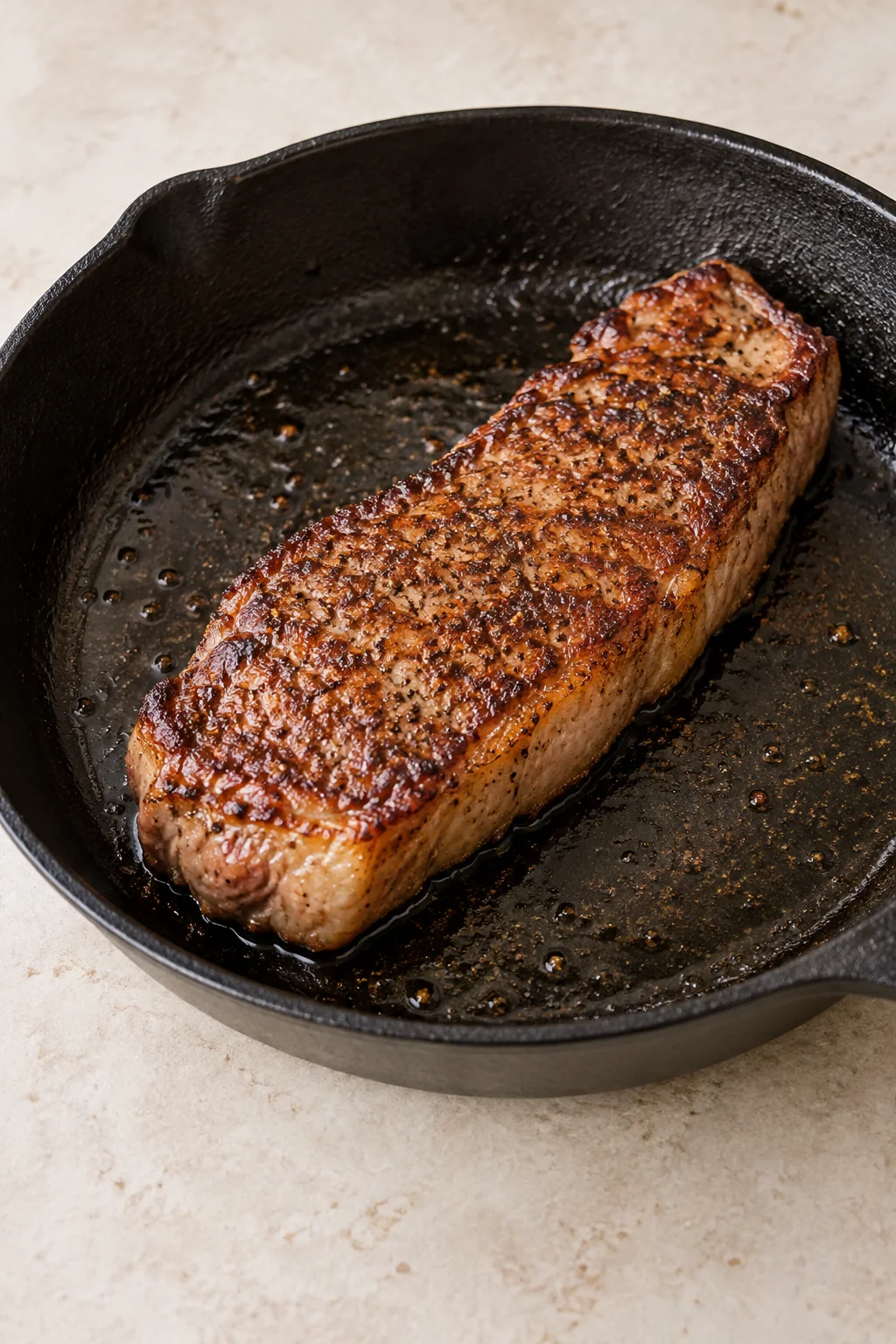 A strip steak with a browned seasoned crust in a cast-iron skillet.