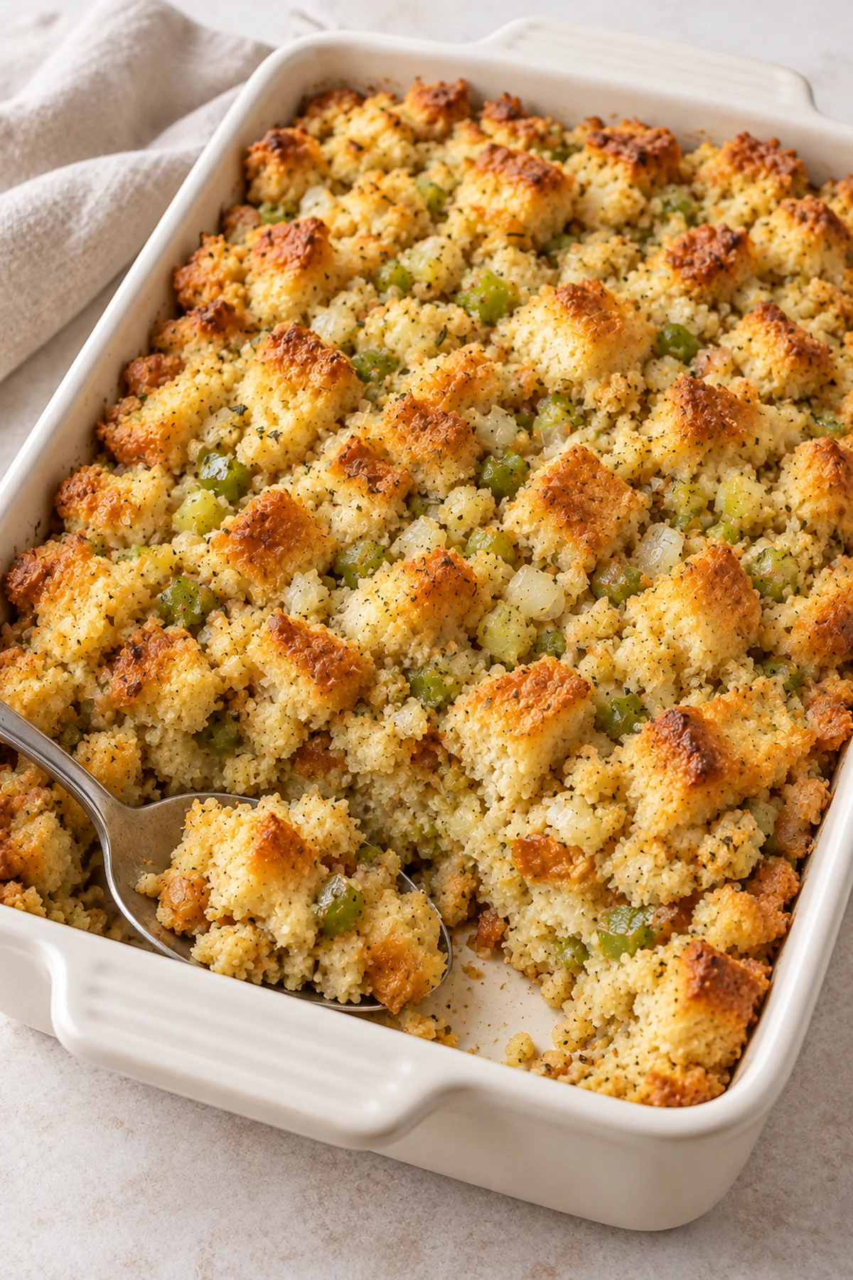 Separately baked bread stuffing with a golden top in a baking dish