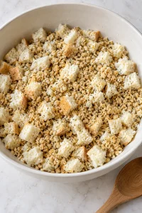 Soft bread cubes mixed with fine herbed stuffing crumbs