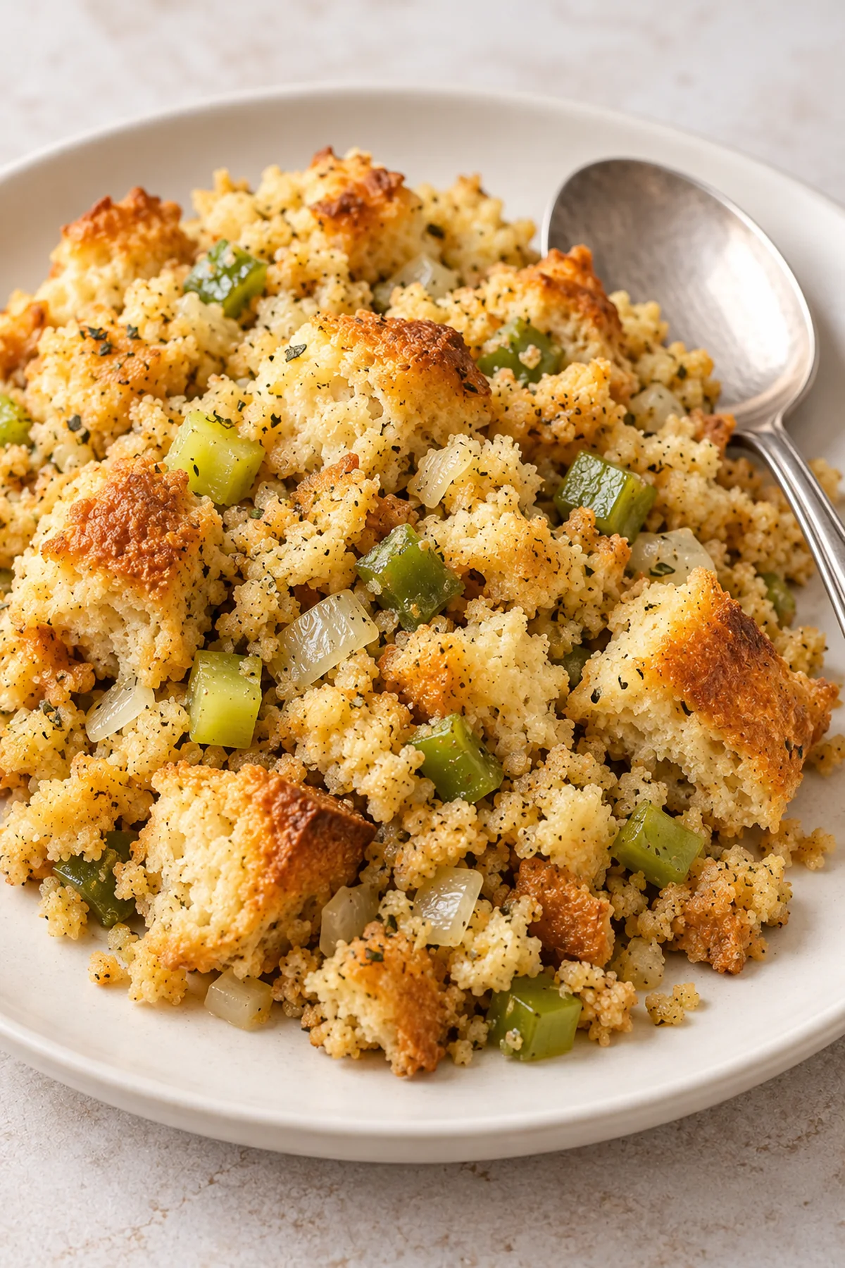 Cooked bread stuffing with onion, celery, and green pepper on a plate