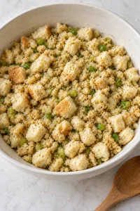 Bread stuffing mixed with vegetables, herbs, and broth before cooking