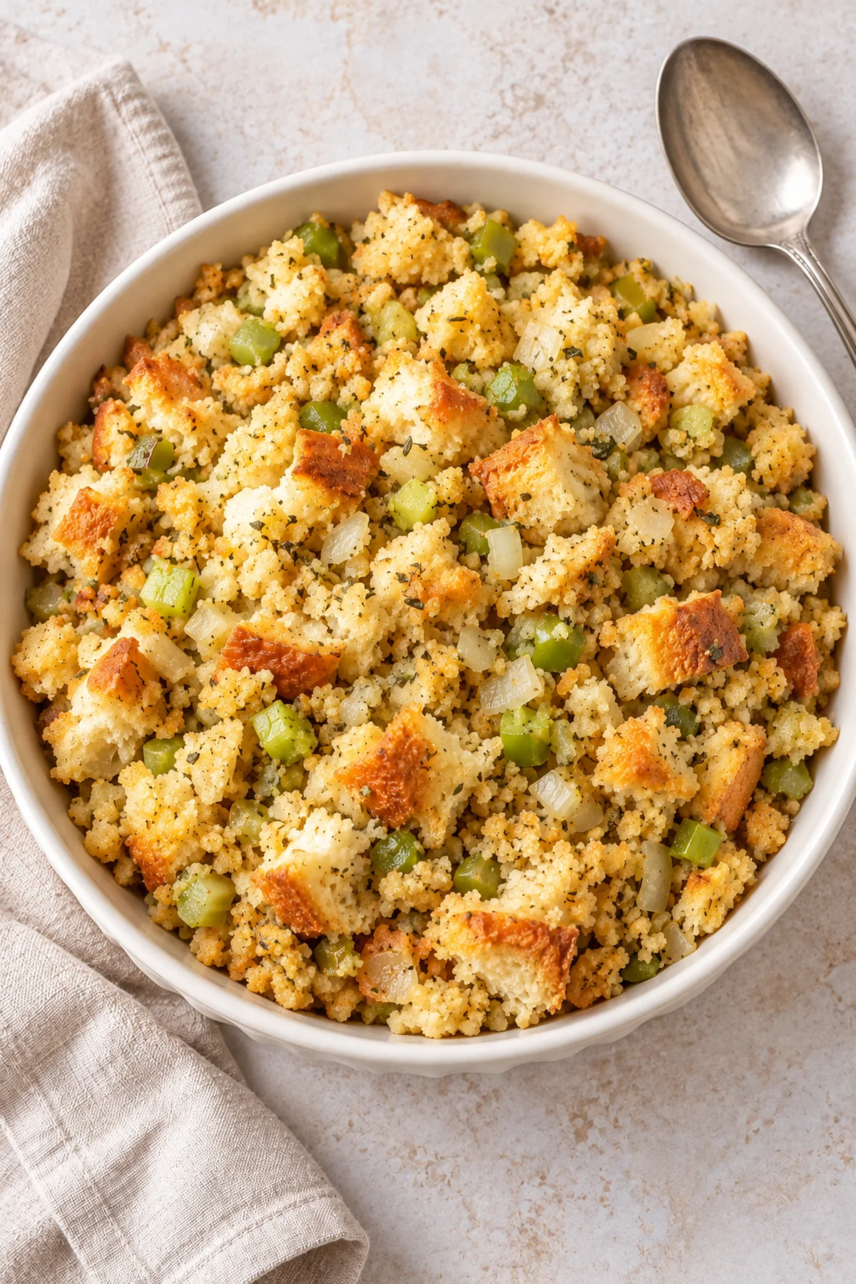 Overhead view of golden bread stuffing in a serving bowl