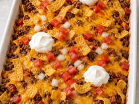 Whole walking taco casserole with cheddar, corn chips, diced tomatoes and sour cream