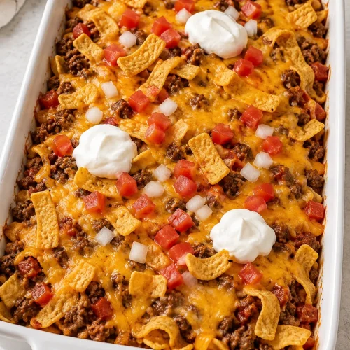 Whole walking taco casserole with cheddar, corn chips, diced tomatoes and sour cream