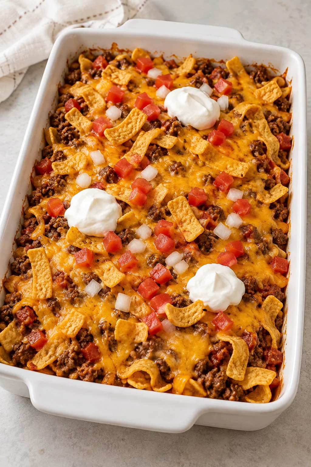 Whole walking taco casserole with cheddar, corn chips, diced tomatoes and sour cream