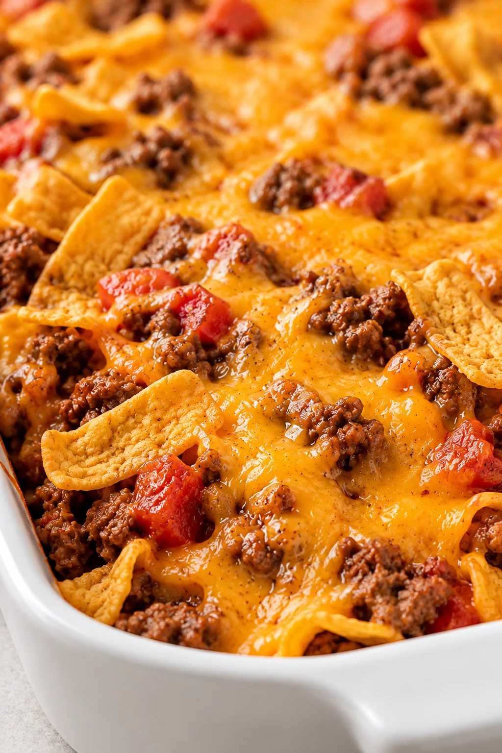 Close view of the melted cheddar and corn-chip edges on an uncut walking taco casserole