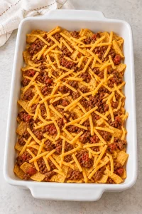 First layer of corn chips, seasoned beef and shredded cheddar in the baking dish