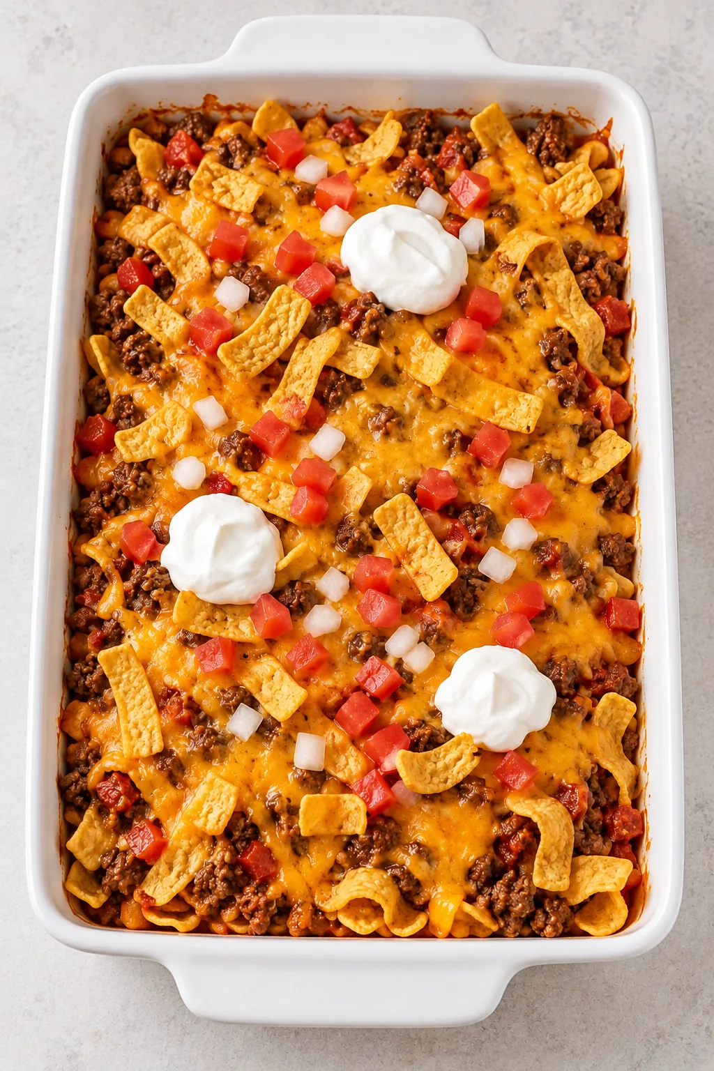 Walking taco casserole viewed from above with fresh tomato and sour cream toppings