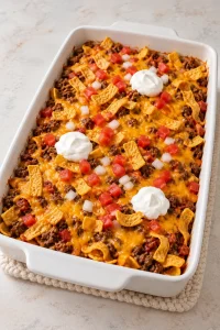 Whole walking taco casserole ready to serve on a pale kitchen table