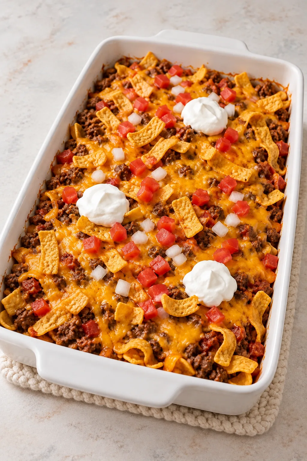 Whole walking taco casserole ready to serve on a pale kitchen table